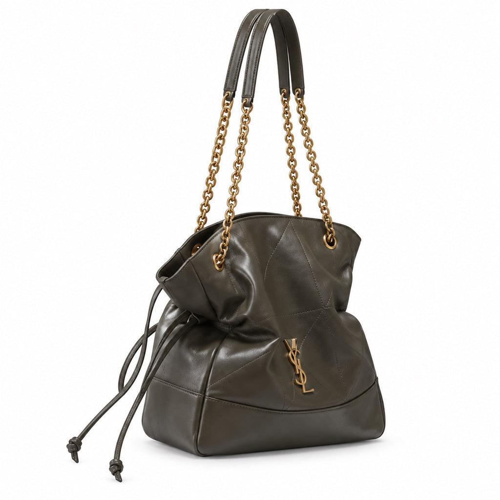 YSL Saint Laurent Bougeoir Drawstring Tote Khaki Quilted Leather Gold YSL Monogram Double Chain Straps Leather Handles