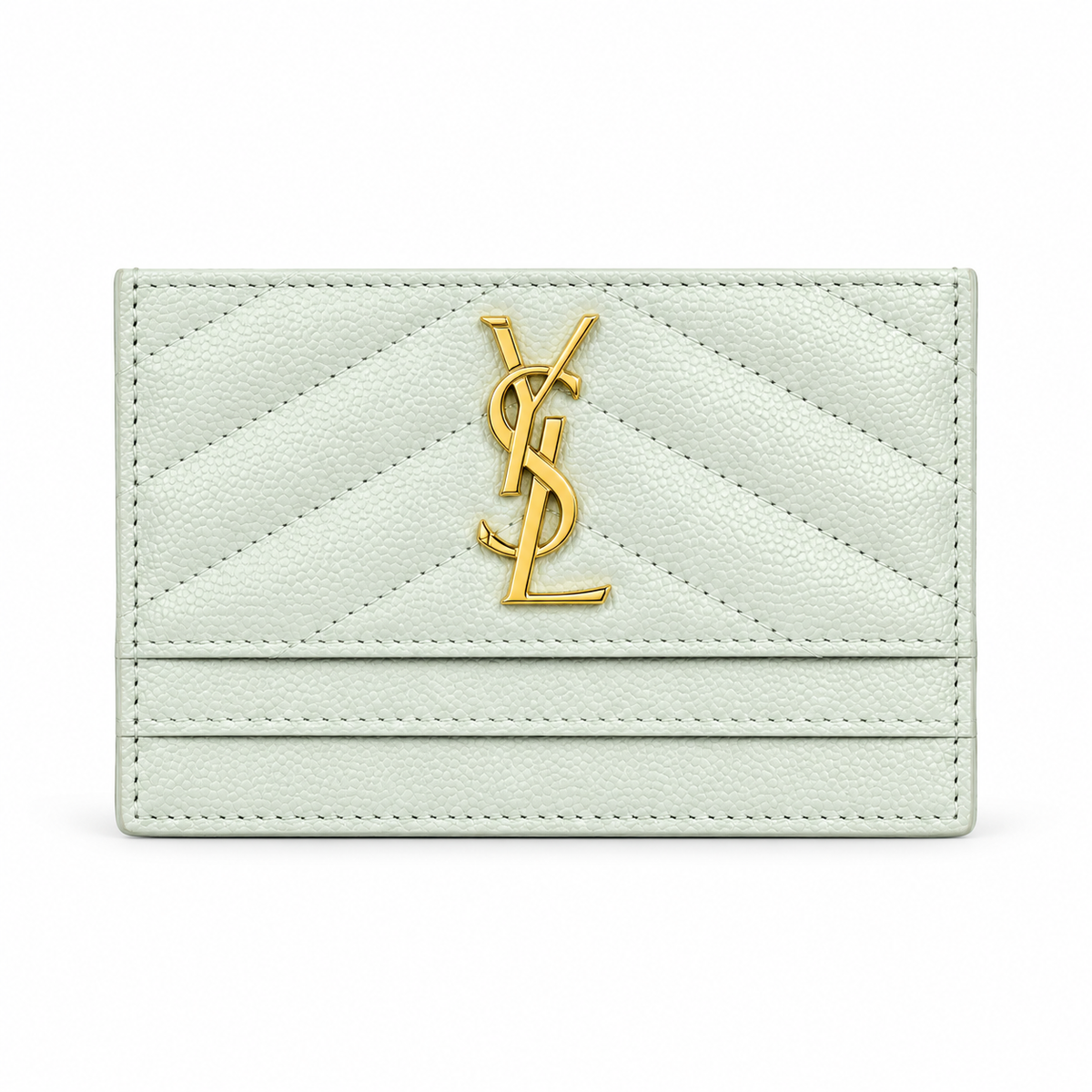 YSL Cassandre Card Holder Mint Chevron Quilted Leather Gold Logo Saint Laurent