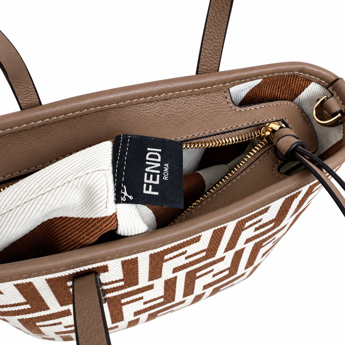 Fendi FF Medium Tote Bag – Jacquard Canvas & Leather Handles, Open Top, 23cm