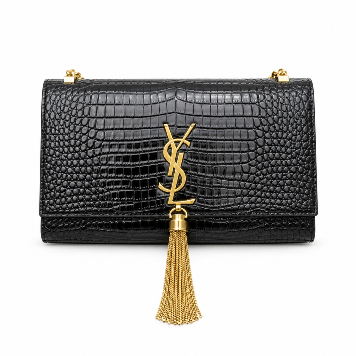 YSL Saint Laurent Kate Chain Bag in Black Croc-Embossed Leather with Tassel