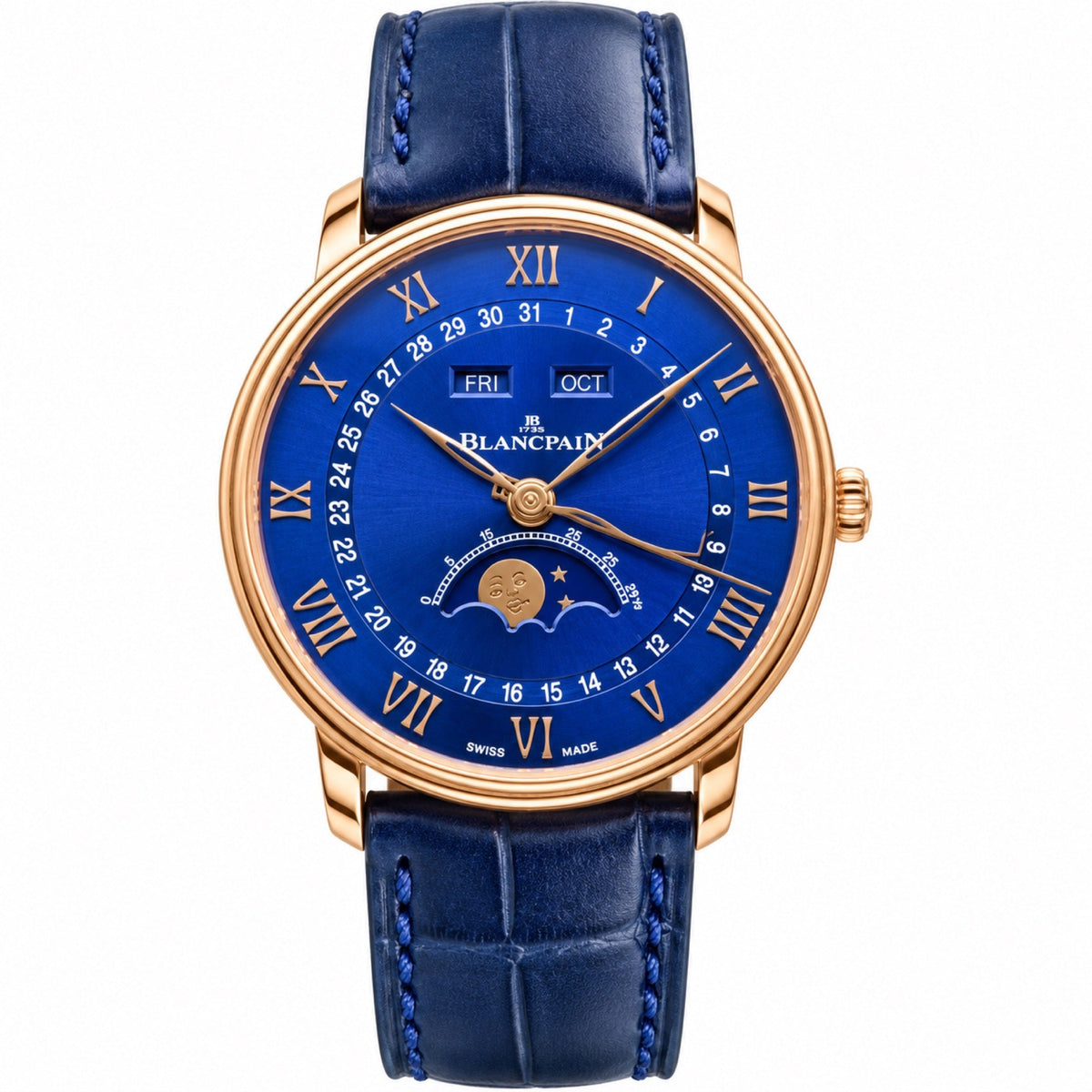 Blancpain Villeret Quantieme Complet rose gold blue enamel dial moonphase complete calendar blue alligator strap