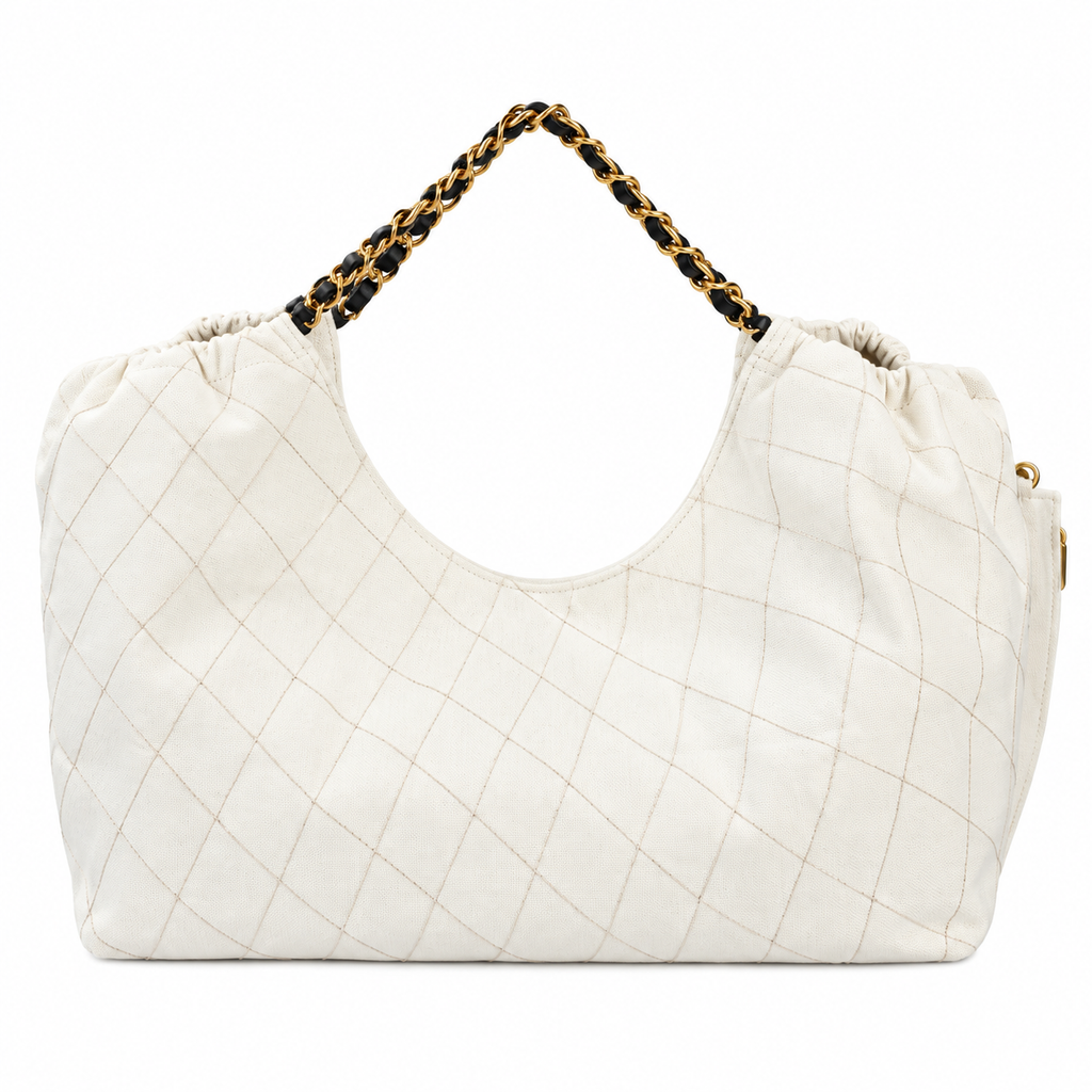 Chanel Large Gathered Hobo Tote Quilted Lambskin White Gold Chain 43cm