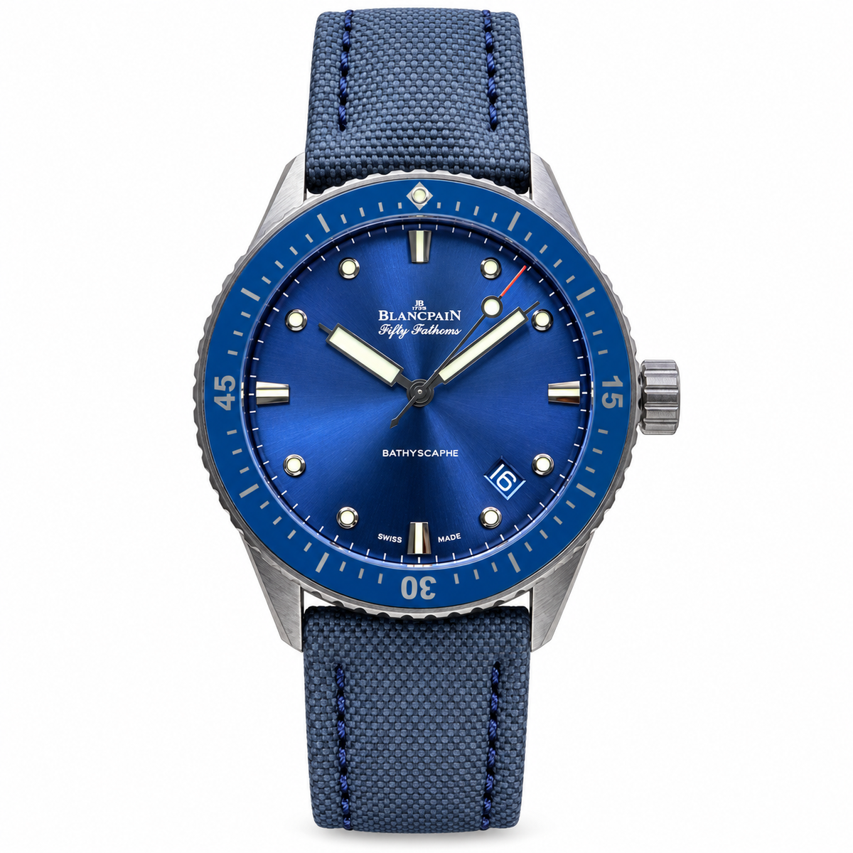Blancpain Fifty Fathoms Bathyscaphe blue dial blue ceramic bezel sailcloth canvas strap