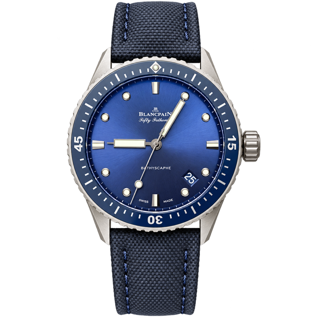 Blancpain Fifty Fathoms Bathyscaphe Blue Dial Ceramic Bezel Fabric Diver Watch