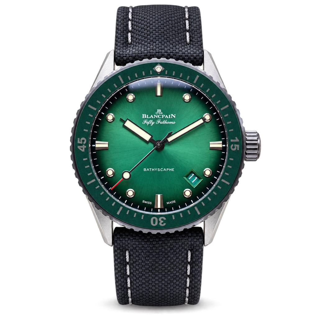 Blancpain Fifty Fathoms Bathyscaphe green sunburst dial steel case with date window and black canvas strap