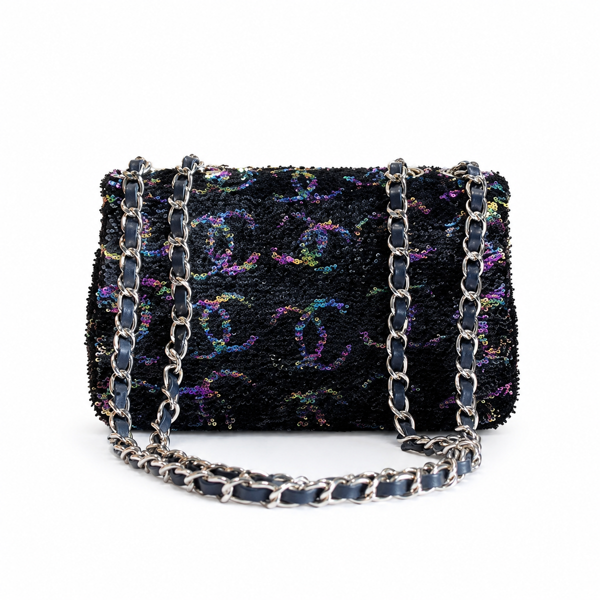 Chanel Black Aurora Borealis Iridescent Sequin Flap Bag | Colour-Shift Gold CC Turn-Lock & Silver Chain