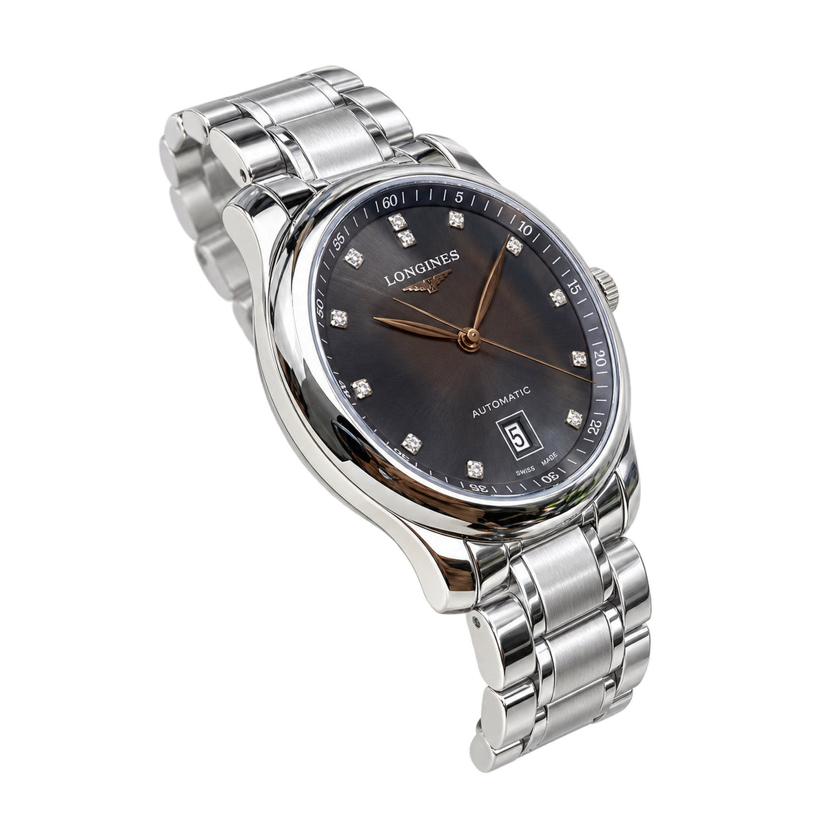 Longines Master Collection Grey Diamond Dial Date Steel Bracelet Watch