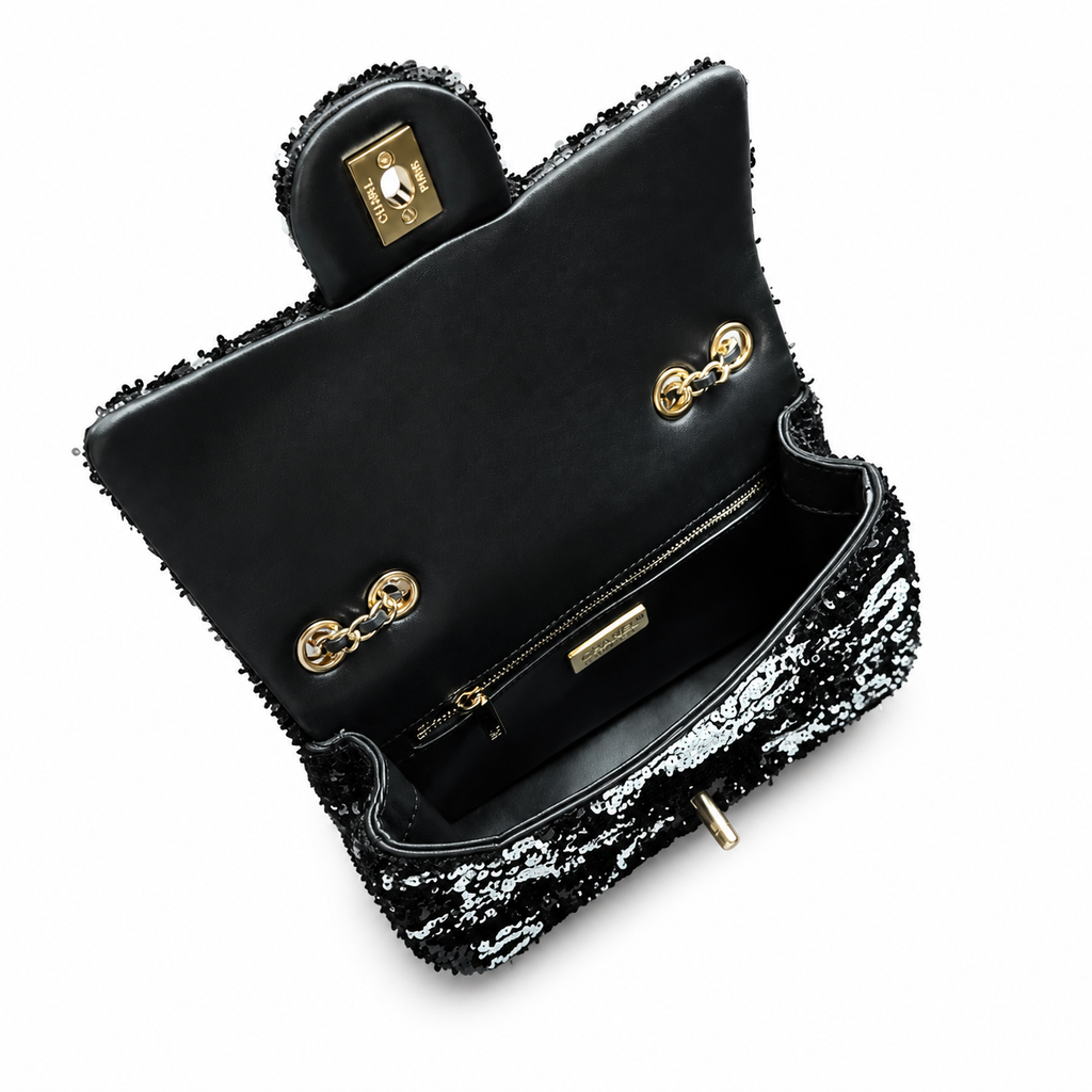 Chanel Black & Silver Sequin Mini Flap Bag | Camellia & Teal Gemstone CC — 21cm