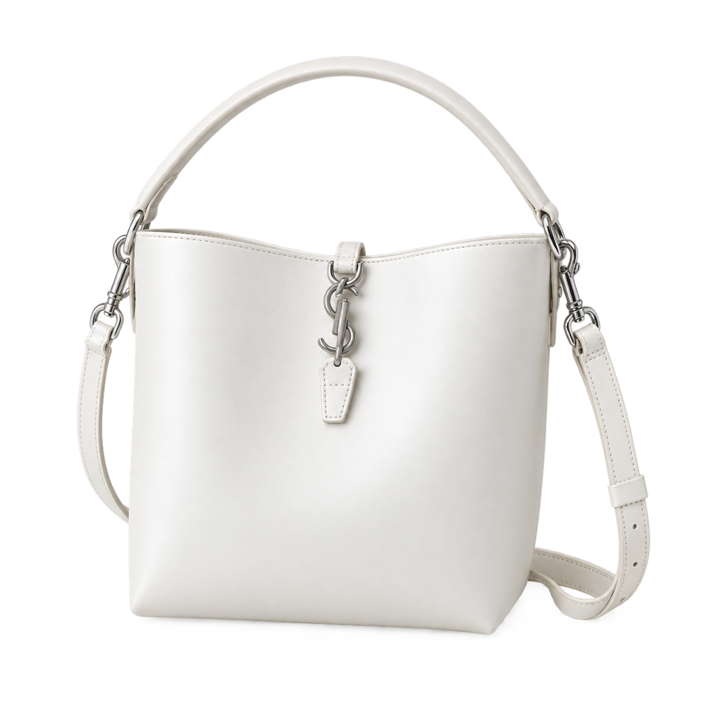 YSL Le 37 Bucket Bag in white smooth leather with silver YSL cassandre charm, top loop handle and adjustable crossbody strap, front view