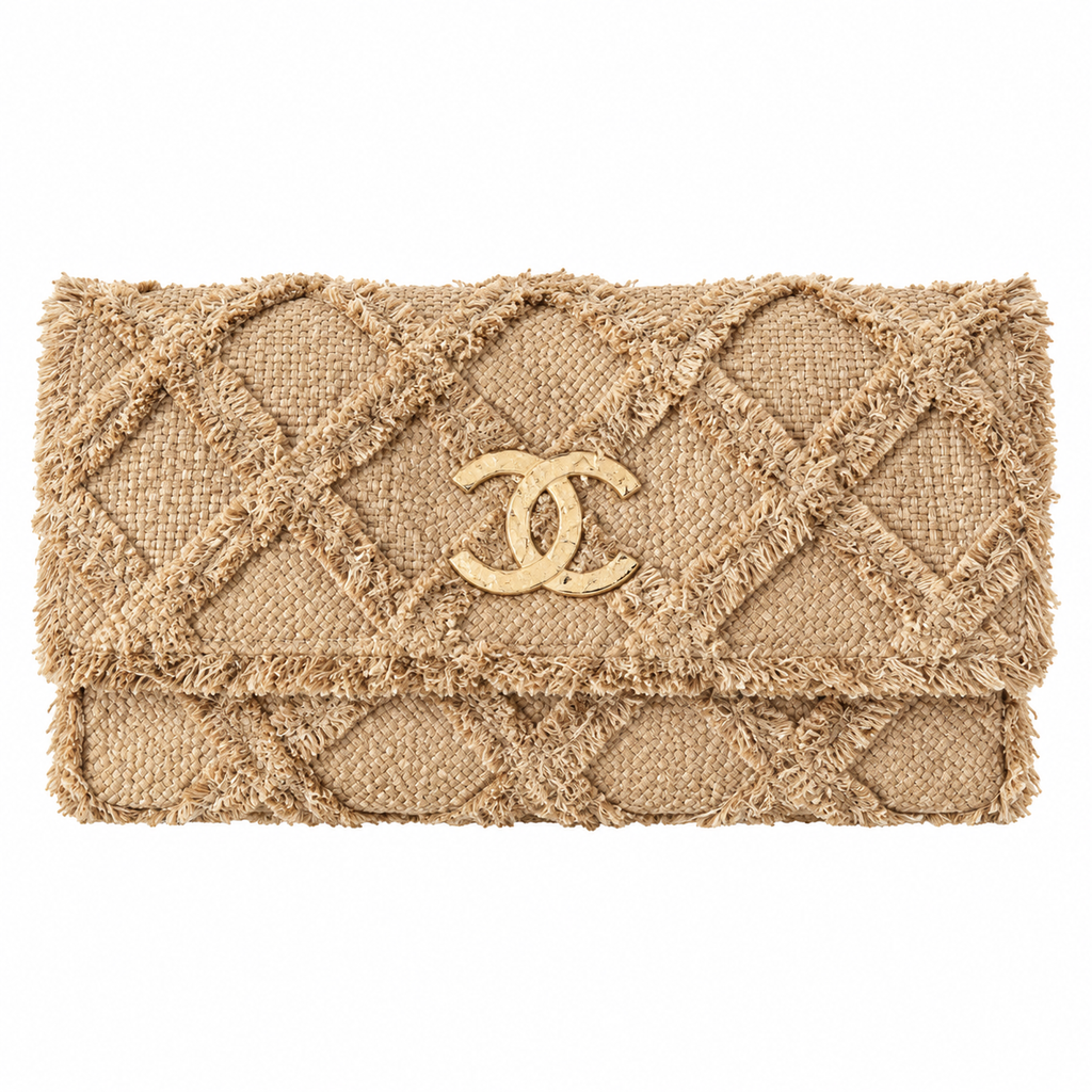 Chanel Large Quilted Raffia Fringe Flap Bag Natural Beige 38cm
