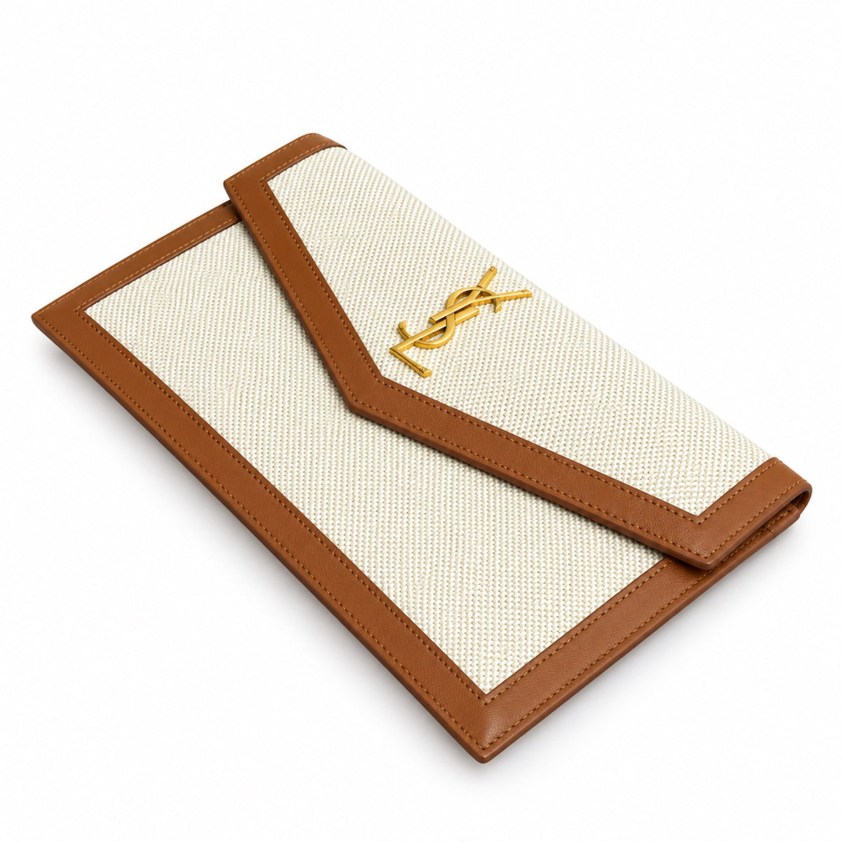 YSL Saint Laurent Cassandre Envelope Clutch in Natural Linen and Tan Leather