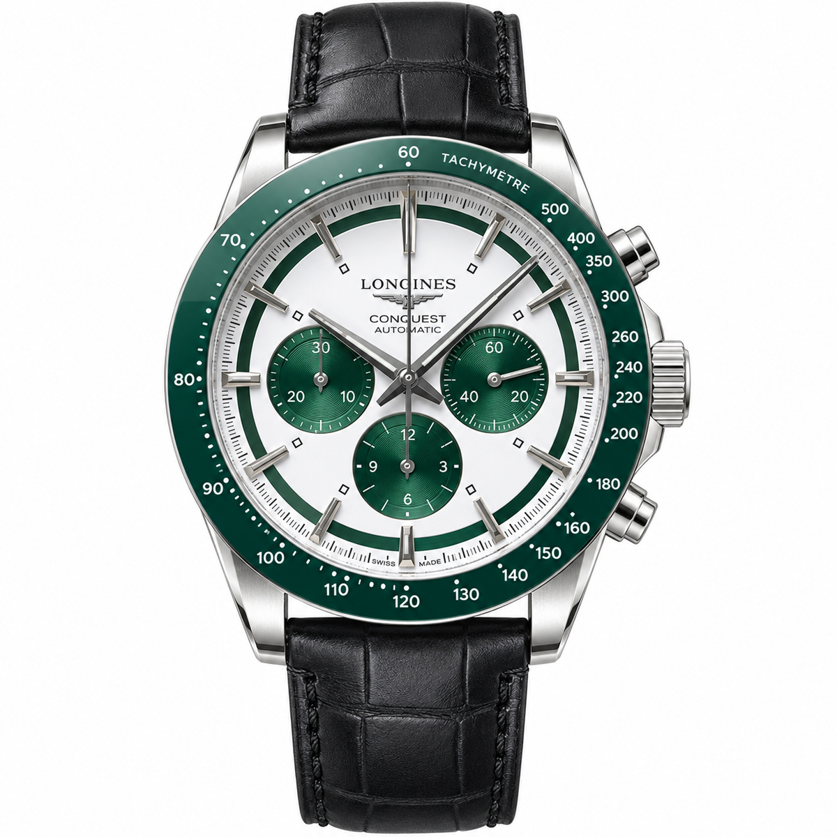 Longines Conquest Chronograph – Green Bezel Black Leather Strap