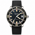 Blancpain Fifty Fathoms matte black dial gold-tone rectangular indices red safety accents black unidirectional bezel basket-weave rubber strap automatic dive watch