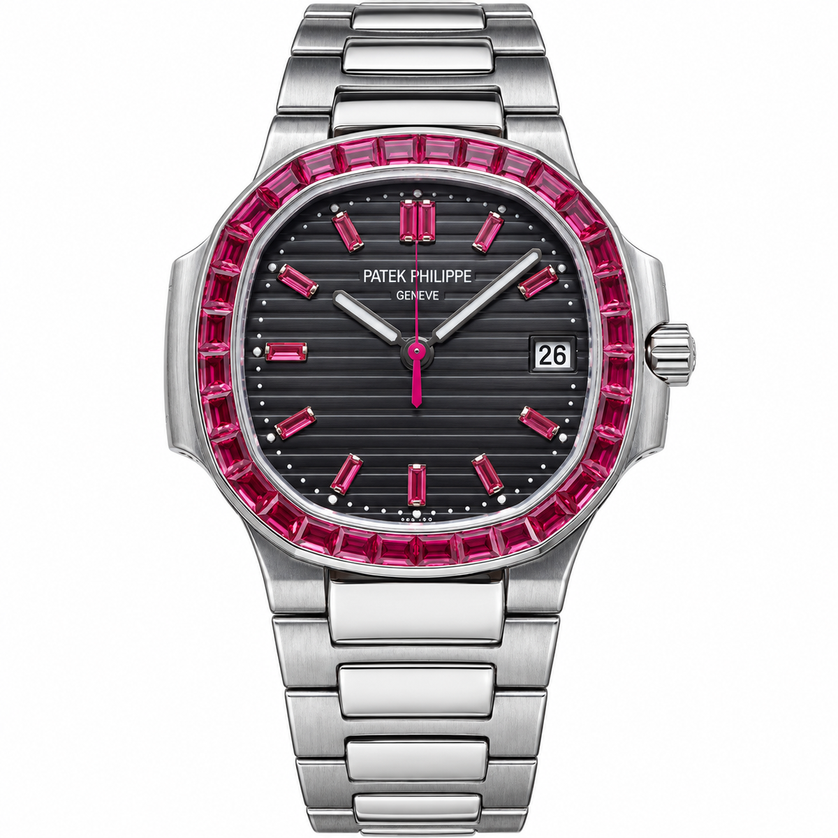 Patek Philippe Nautilus Steel Ruby Baguette Bezel Black Dial 35mm