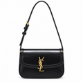 Saint Laurent Solferino flap shoulder bag in black smooth polished leather with gold YSL monogram and slim adjustable strap