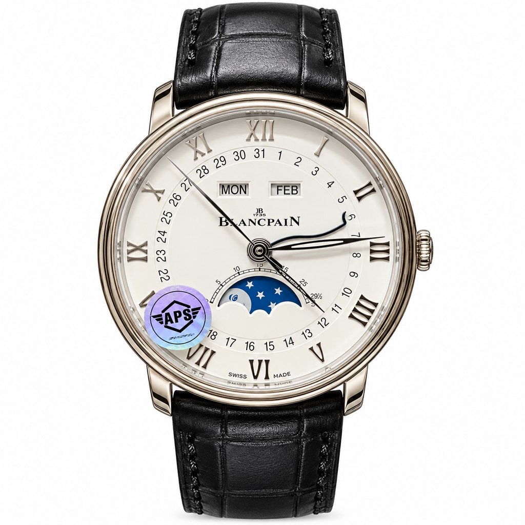Blancpain Villeret full calendar moonphase white gold ivory dial Roman numerals peripheral date black alligator strap automatic grand complication watch
