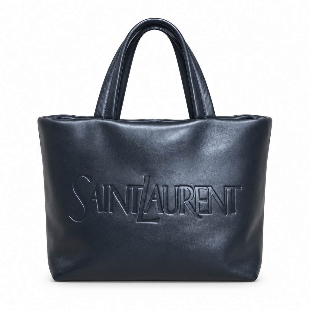 Saint Laurent large navy leather tote bag with embossed logo and padded handles